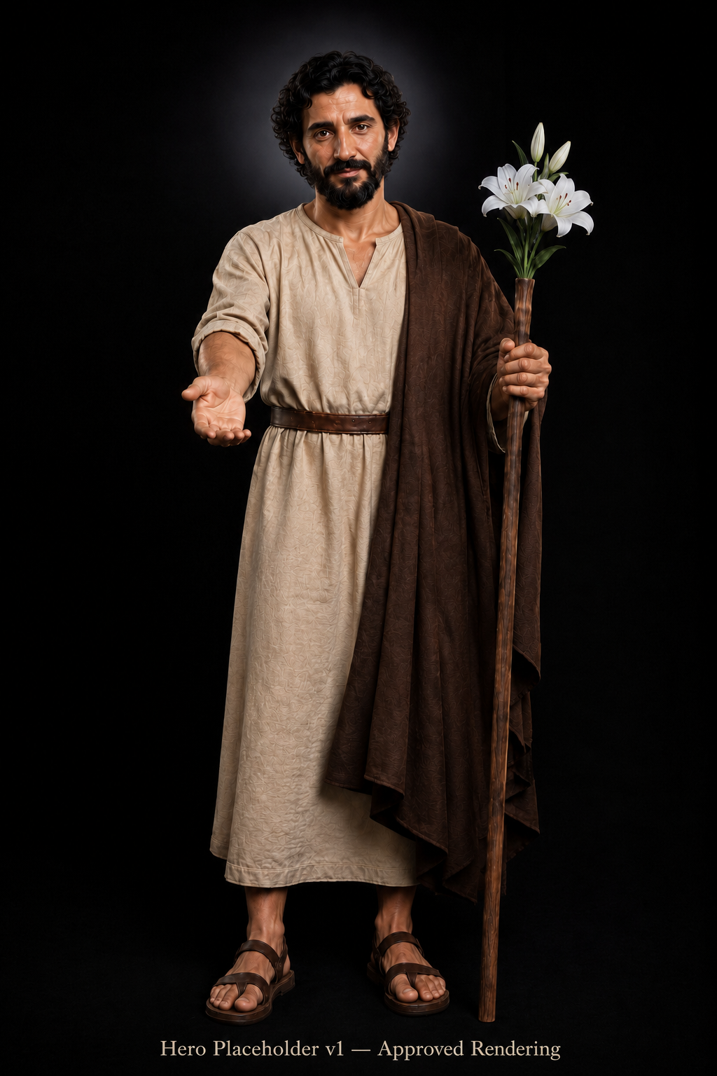 Digital rendering of St. Joseph the Worker holding a flowering staff and extending his right hand.